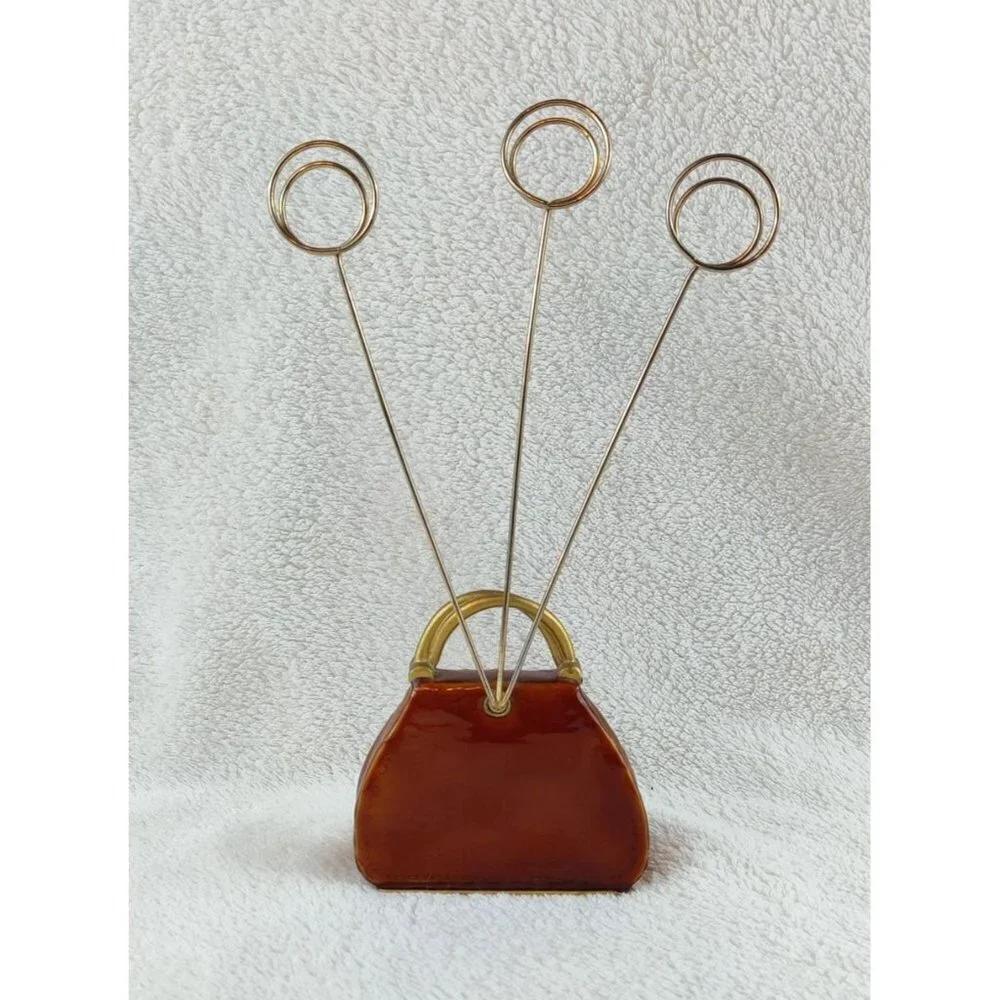 Enameled Miniature Purse Photo Card Holder Paperweight Decorative Brown Copper